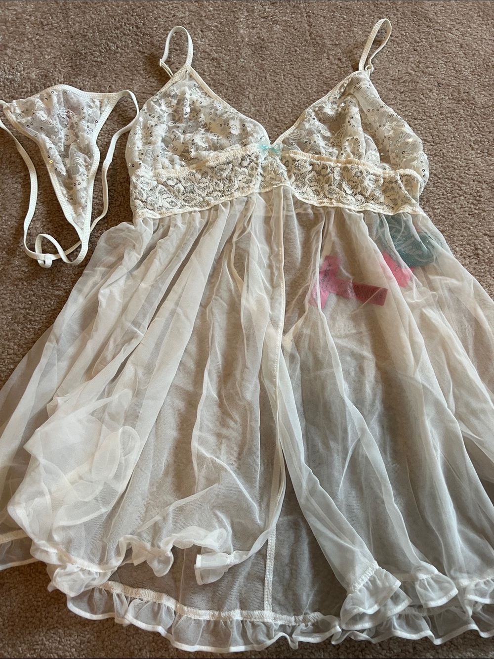 Sheer Lace Babydoll Chemise in Cream with Matching G-String